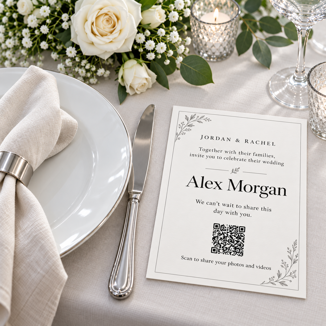 Personalized wedding guest name card with a QR code beside a table place setting