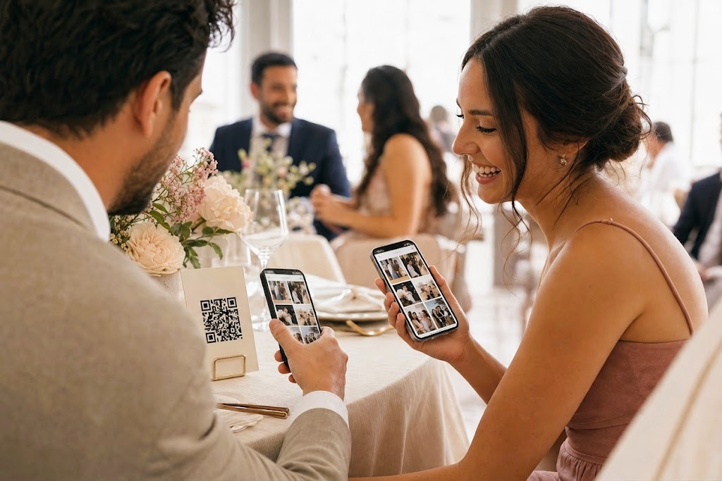 Event guests scanning a QR code and viewing a shared gallery on their phones