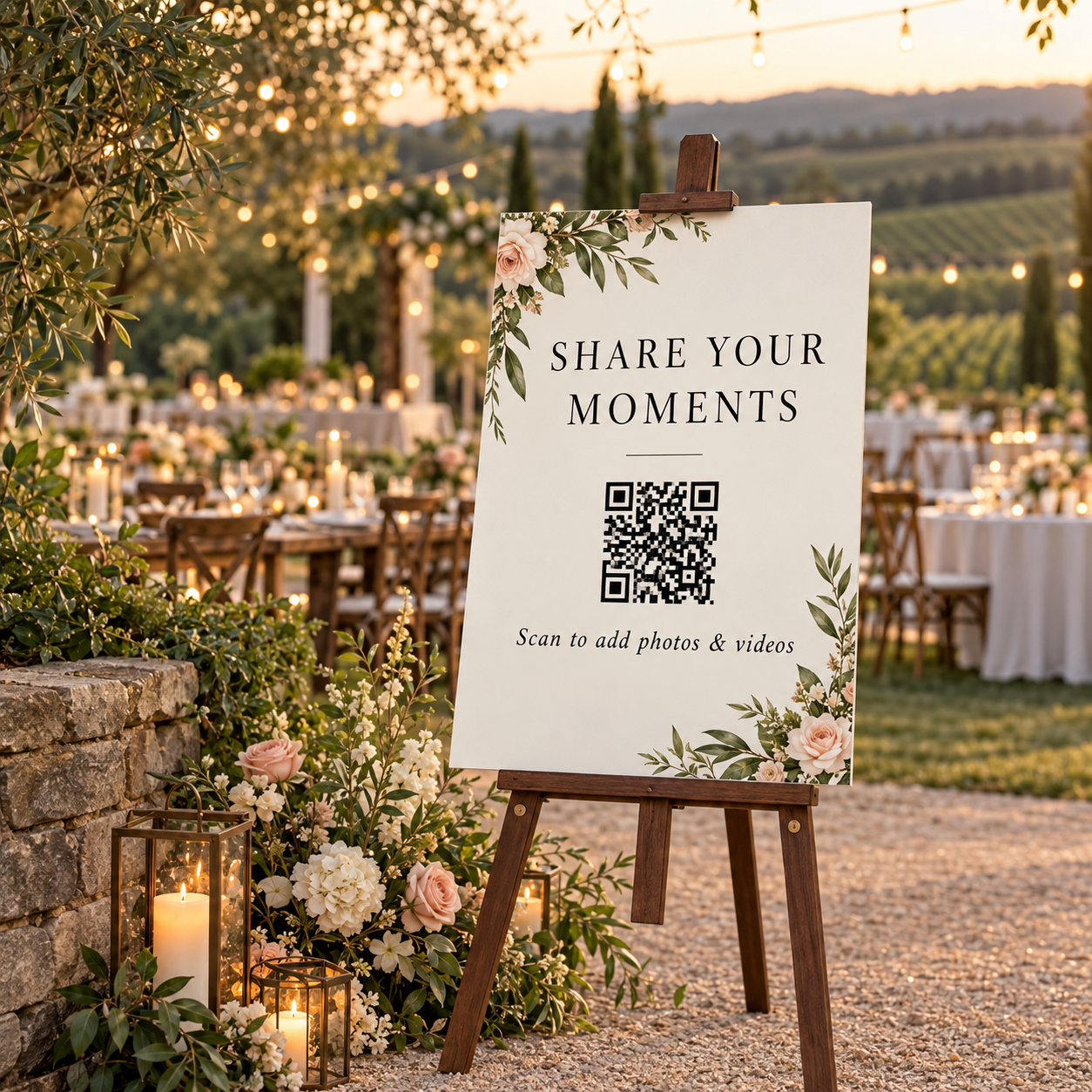Wedding QR gallery poster on a wooden easel at an outdoor reception